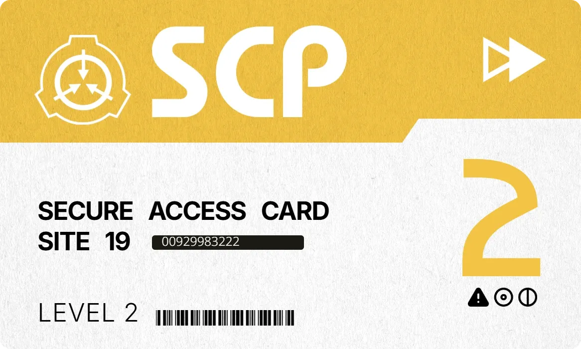 Actual Cartão SCP preview: a yellow and white access card for Site 19, showing level 2