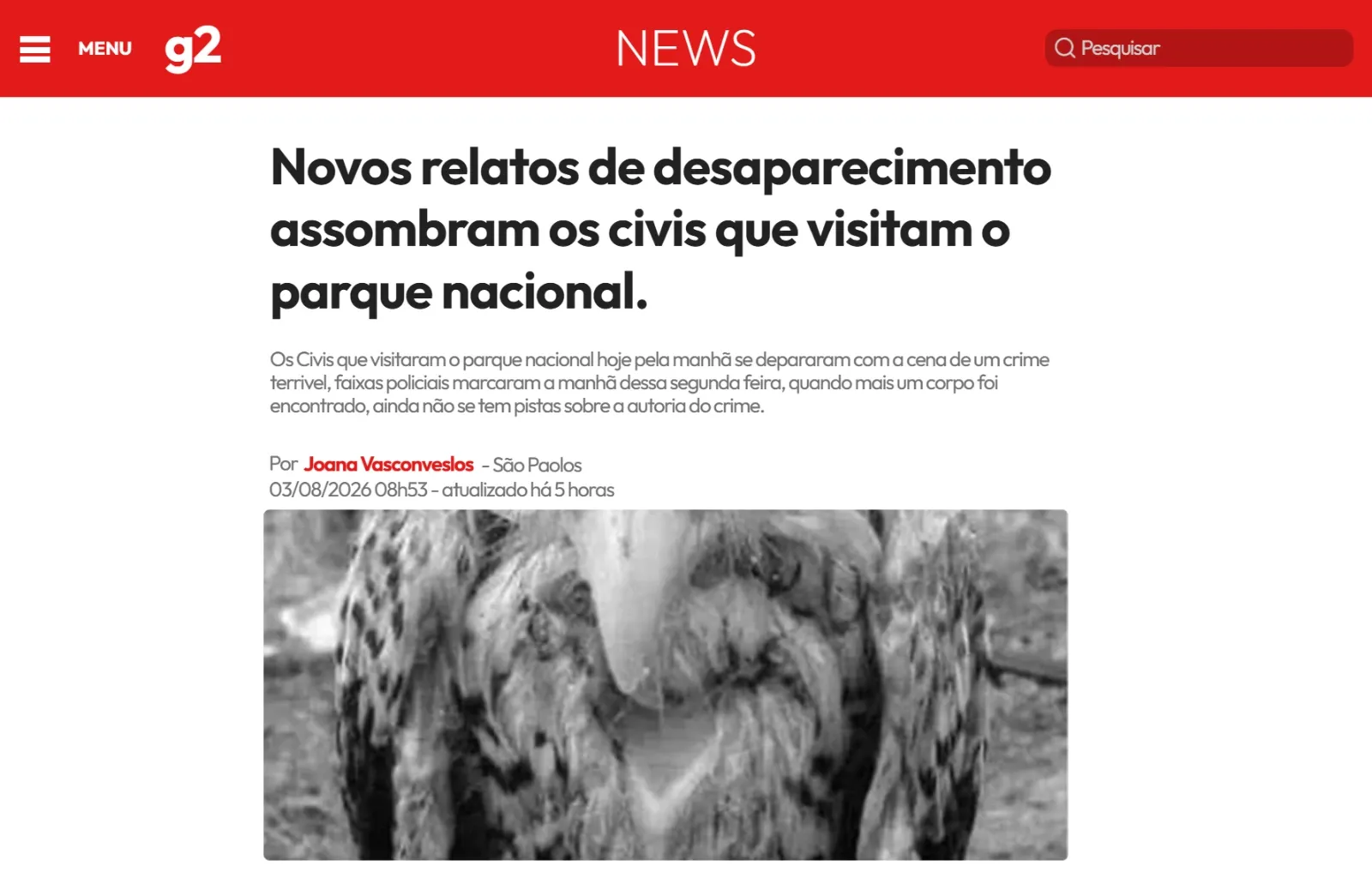 G2 Site de Notícias catalog preview, with a disappearance headline and photograph